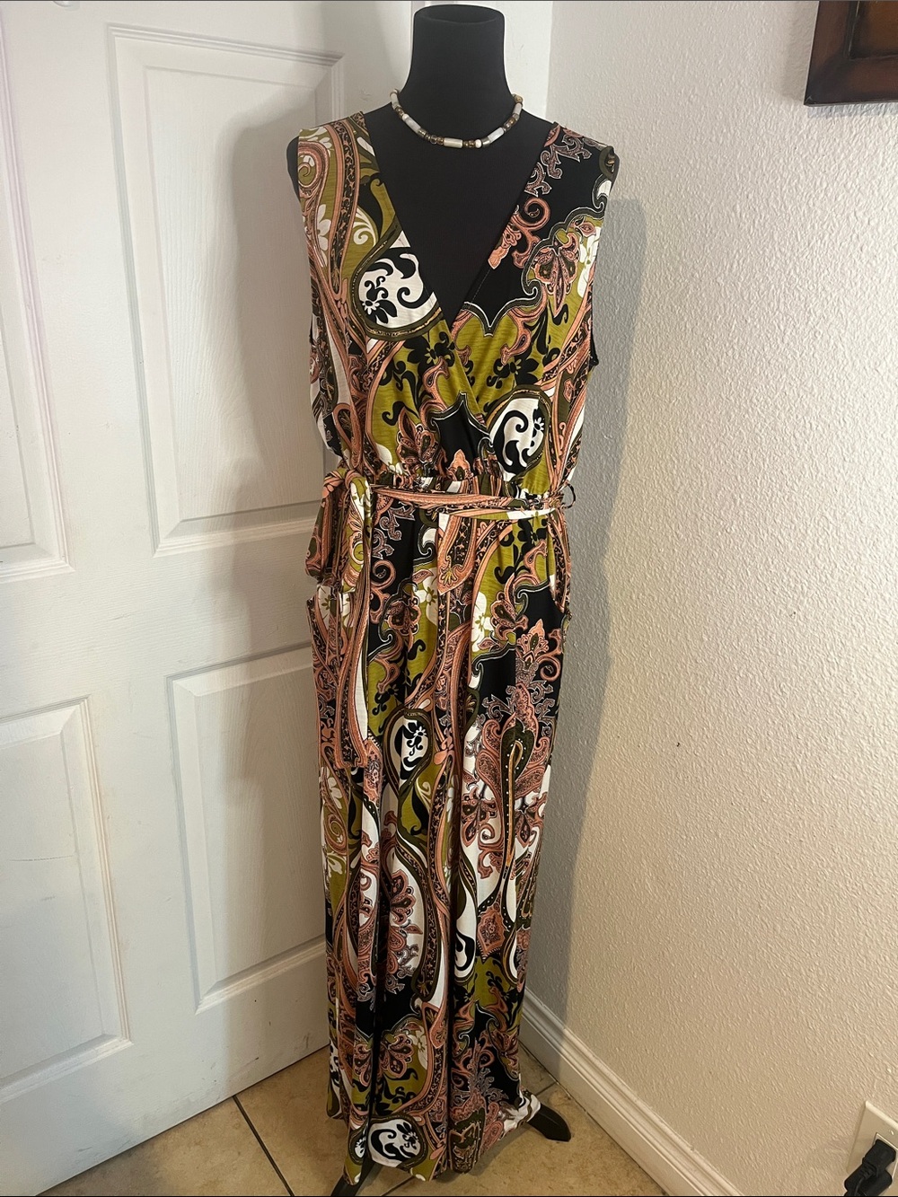 Paisley V-Neck Maxi Dress in Olive, Black & Blush